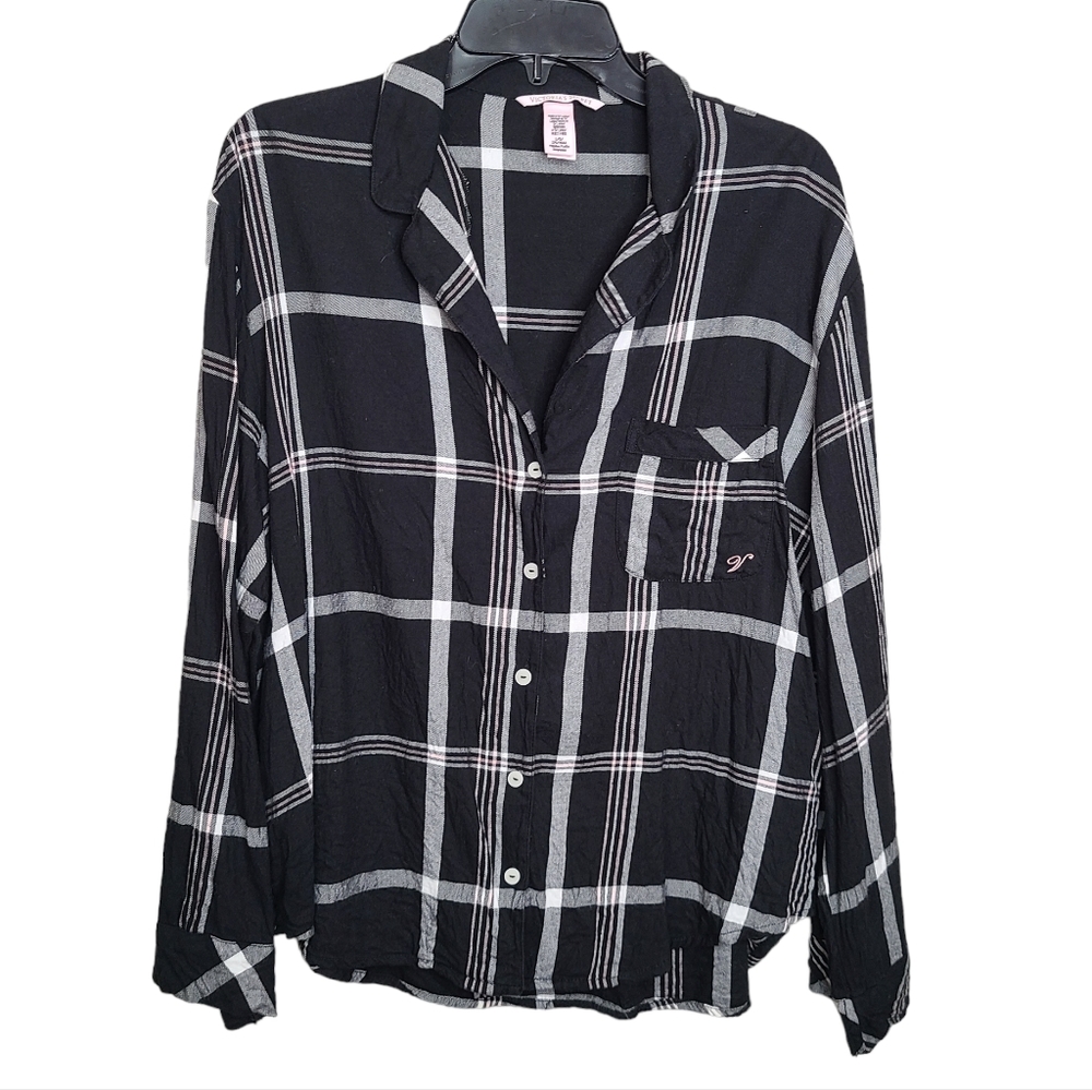 Victoria's Secret Black Plaid Button Front Sleep Shirt Ladies Size Large